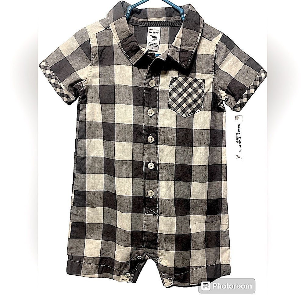 Carters NWT Boys One Piece Button Down Grey Plaid